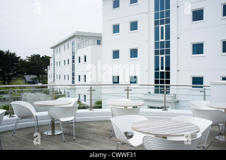 The terrace of the restaurant at the St Moritz Hotel at Trebetherick in Cornwall, England, UK Stock Photo