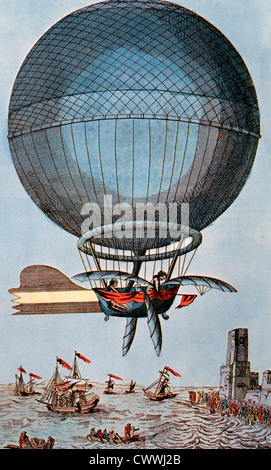 Blanchard and Jeffries Crossing the English Channel by Balloon, 1785, Illustration Stock Photo