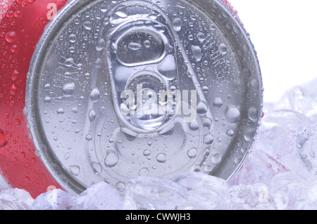 Close Up of a Red Soda Can Top with Ice and Condensation white background copyspace Stock Photo