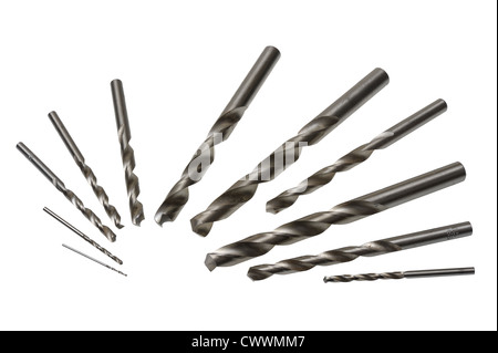A set of drill bits of various sizes on a white background Stock Photo