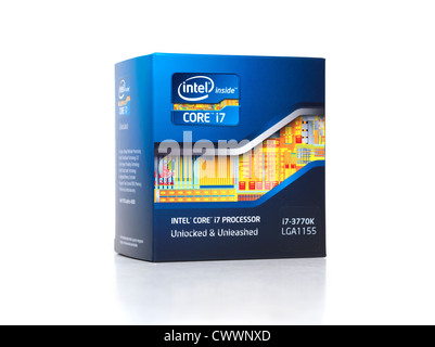 Intel i7 processor in a box. CPU packaging isolated on white background. Stock Photo