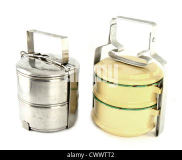 Metal and silver tiffin, food container on white background Stock Photo