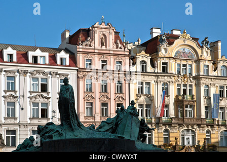 Prague - Jan Hus monument in Old Town Square - Staromestske namesti Stock Photo