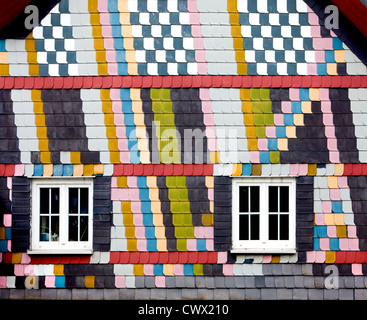 Cladding with coloured fibre cement boards like slate on an old house, Siegerland region, Germany, Europe Stock Photo