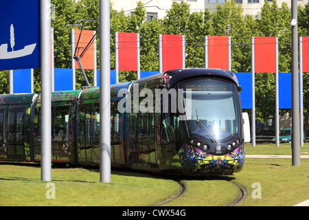 Tram line 3, Port Marianne district, Montpellier, France Stock Photo