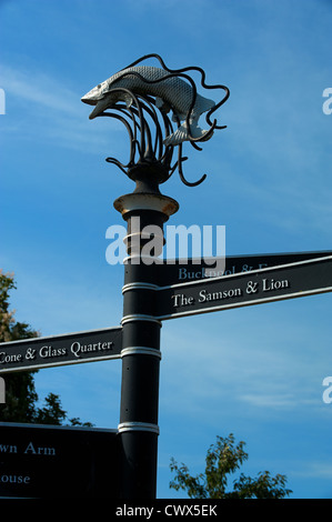 Stourbridge canal side sign post with fish sculpture in Wordsley, West Midlands Stock Photo