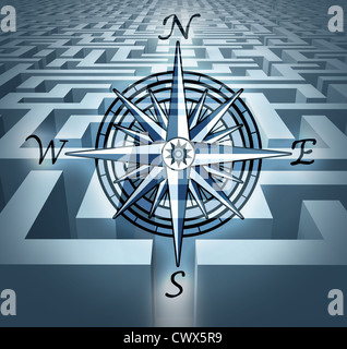 Navigating through challenges represented by a labyrinth maze in 3D with a compass rose symbol showing the concept of business problem solving and solution oriented strategy and planning. Stock Photo