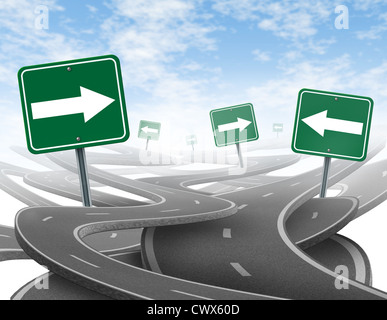 Staying on course symbol representing dilemma and concept of losing control of onesgoals and strategic journey choosing the right strategic path for business with green traffic signs tangled roads and highways in a confused direction with arrows. Stock Photo