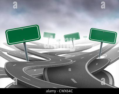 Stay on course symbol representing dilemma and concept of losing control of onesgoals and strategic journey choosing the right strategic path for business with a blank yellow traffic signs tangled roads and highways in a confused direction. Stock Photo