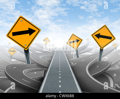 Clear strategy and solutions for business leadership symbol with a straight path to success as a journey choosing the right strategic path for business with blank yellow traffic signs cutting through a maze of tangled roads and highways. Stock Photo