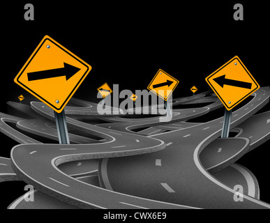 Staying on course symbol representing dilemma and concept of losing control and strategic journey choosing the right strategic path for business with traffic signs tangled roads and highways in a confused direction. Stock Photo