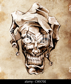 Fantasy clown joker. Sketch of tattoo art over dirty background Stock Photo