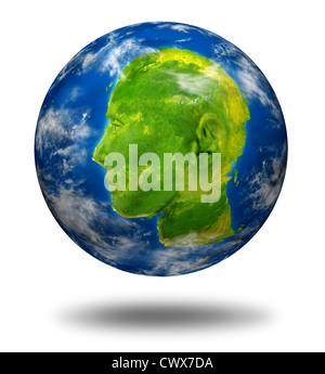 Interactive global communications leader concept with a planet Earth with a continent map shaped as a human head and face representing leadership and business success in international virtual connections from around the world. Stock Photo