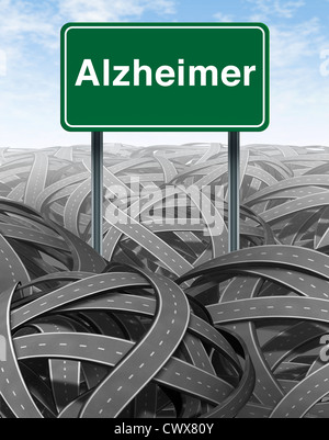 Alzheimer Disease and Dementia medical concept with a green highway road sign with text reffering to memory loss and human brain problems with tangled roads and twisted streets in the bckground as a symbol of delusion and confusion. Stock Photo