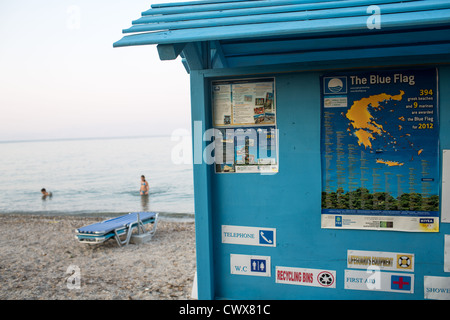 Information board on the beach in Moraitika, Corfu, Ionian Islands, Greece. Stock Photo