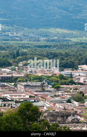 Aerial view cityscape, skyline of Antigua, Guatemala, from Cross on The Hill Park, UNESCO World Heritage Site, Central America. Stock Photo