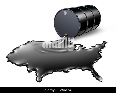 American Oil Industry with a black drum barrel pouring and spilling out fossil fuel liquid crude as a map of the United States showing the financial energy business concept of drilling and oil dependence by the US government and the political energy polic Stock Photo