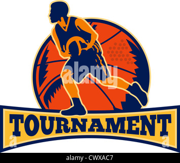 Illustration of a basketball player dribbling ball on isolated white background and words tournament. Stock Photo
