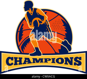 Illustration of a basketball player dribbling ball on isolated white background and words champions. Stock Photo