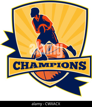 Illustration of a basketball player dribbling ball with shield and ball retro style and words champions. Stock Photo