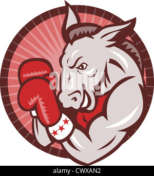 Illustration of a democrat donkey mascot boxer boxing with gloves set inside circle done in retro style. Stock Photo