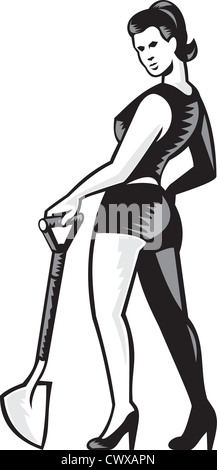 Retro illustration of a pin-up girl female wearing shorts and leaning on spade shovel woodcut style on isolated white background. Stock Photo
