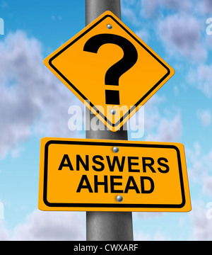 Answers ahead yellow road sign on a highway metal pole announcing solutions to questions for customer service helping and comunicating to the driving consumers the solving of problems and technical support by a team of helpful service providers. Stock Photo