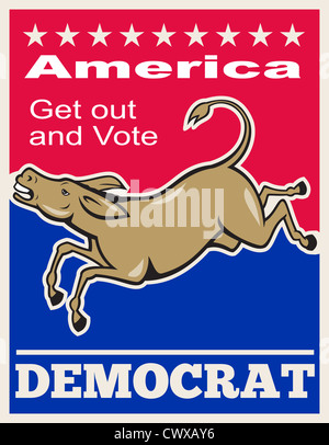 Poster illustration of a democrat donkey mascot of the democratic party jumping words 'America get out and vote Democrat' Stock Photo