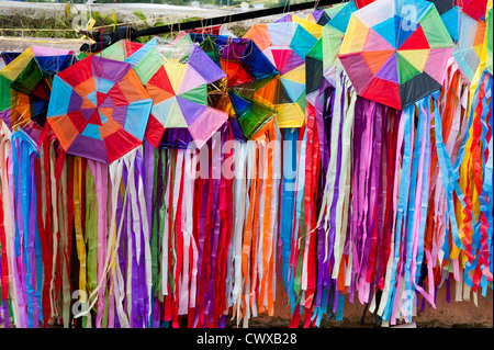 Small kites or barriletes, Day Of The Dead, Dia de los Muertos, ceremony in cemetery, Santiago Sacatepequez, Guatemala. Stock Photo