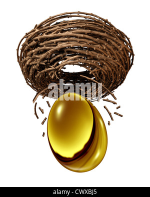 Lose your life savings with a mismanaged financial investing concept as a gold egg falling down through a broken nest as a conc Stock Photo
