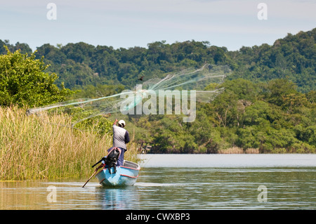 Garifuna fisherman in dugout canoe boat casting fishing net on Lake Izabal, Lago de Izabal, Guatemala. Stock Photo
