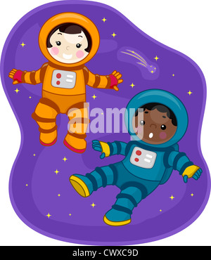 Illustration of Kids Dressed in Spacesuits and Floating in Outer Space Stock Photo