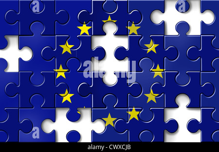 Europe crisis with the European flag in a jigsaw puzzle with peices missing as a financial crisis that needs banking assistance Stock Photo