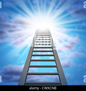 Corporate Ladder and a climb to success with a sky and a shinning glowing light showing opportunity and aspiration for a job promotion or achievement in financial wealth. Stock Photo