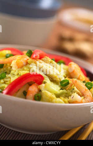 Bowl of spicy rice dish with cabbage, chicken and shrimp, garnished with tomato slices and scallion Stock Photo