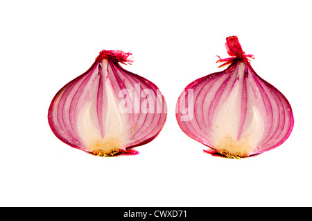 isolated on white background two slices red onions Stock Photo