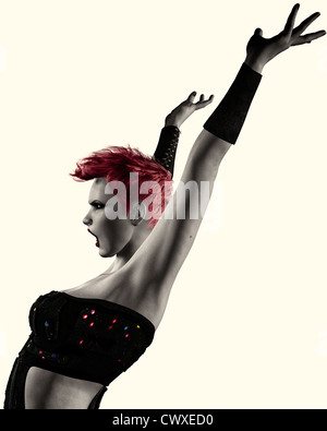 Photo-realistic illustration of a modern punk rock type fashion model with hands in the air. Stock Photo