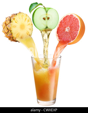 Juice flowing from fruits into the glass. File contains the path to cut. Stock Photo