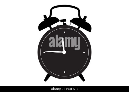 A silhouette of a retro alarm clock against white background Stock Photo