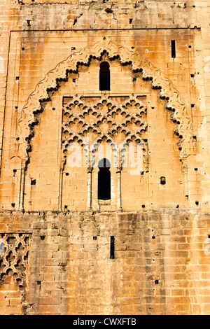 Detail of Hassan Tower. Left unfinished was intended to be the largest minaret in the world. Rabat, Morocco Stock Photo