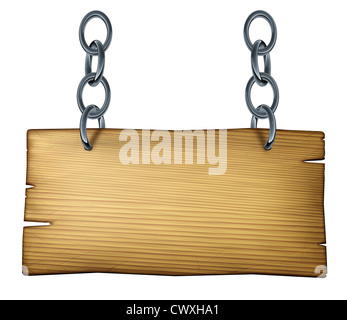 Old wooden blank sign made of weathered wood as cedar or pine with a metal chain link connected and hanging the plank on a white isolated background as a rustic design element for country or western theme announcements. Stock Photo