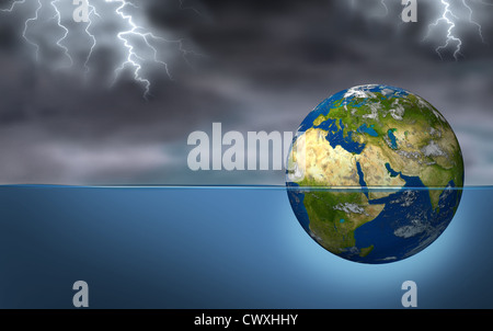 Middle East crisis as a planet earth sphere sinking during a dark thunder and lightning storm as turmoil and political struggles of the persian gulf with countries as Iran Israel Egypt Libya Kuwait Syria Saudi Arabia elements of this image furnished by NA Stock Photo