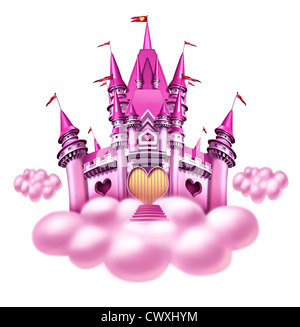 Fantasy princess cloud castle with a fun pink magical kingdom floating on a fluffy cloud as a girls toy dream or dreaming of a fairy tale of nobility with heart shapes and magic elegance. Stock Photo