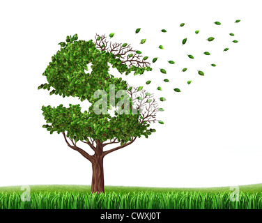 Spending money from savings and losing your investments and managing your debt and financial budget with a green tree in the shape of a dollar sign with leaves falling off as an icon of wealth loss and downgrade Stock Photo