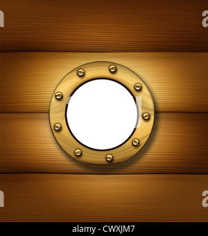 Porthole or ship window on an old wood frame wall as a nautical and marine symbol of a cruise sailboat or boat passenger cabin window made of gold brass metallic circular frame with screws. Stock Photo