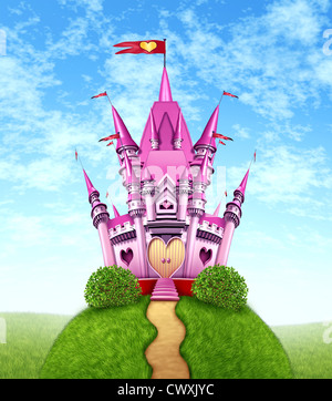 Magical pink castle as a fantasy princess with a fun royal kingdom on a green grass mountain top with a golden path as a girls toy dream or dreaming of a fairy tale of nobility with heart shapes and magic elegance. Stock Photo