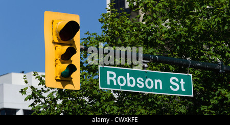 Robson Street street name sign. Robson Street is a famous shopping