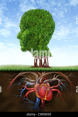 Healthy heart and mind with a tree in the shape of a human head and a heart organ as roots growing under ground representing the medical and health care biological connection between brain intelligence with blood circulation system. Stock Photo