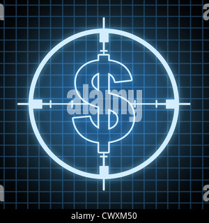 Control on Spending and savings concept and hunting for money and looking for wealth ideas with a target in the shape of a dollar sign on a black and blue grid background as a financial icon of business budget and cutting costs. Stock Photo