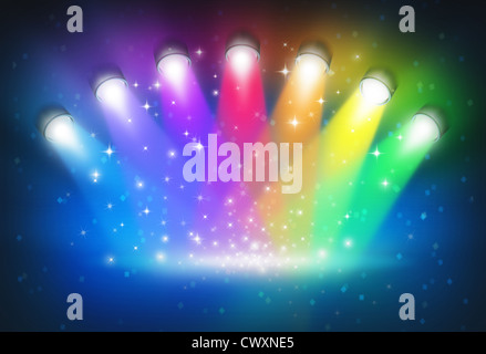 Spotlights with rainbow colours as a magical abstract background of a concert lighting on a dark glowing theater stage with shiny sparkles with a blank center as a symbol of entertainment and important announcement message. Stock Photo